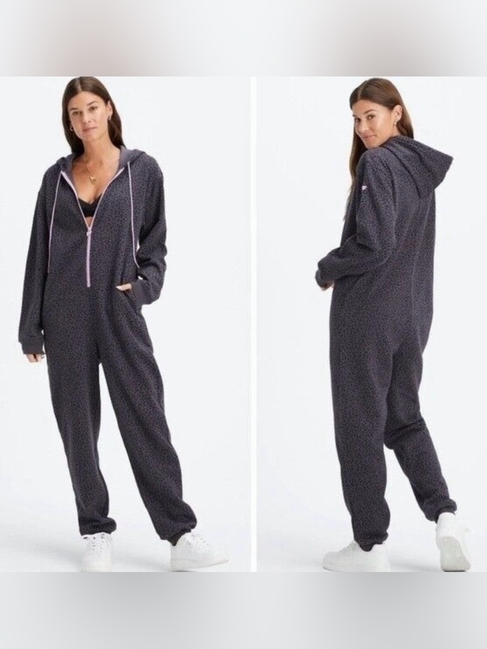 Fabletics Cozy Women's Hooded Onesie Jumpsuit - Dark Charcoal leopard